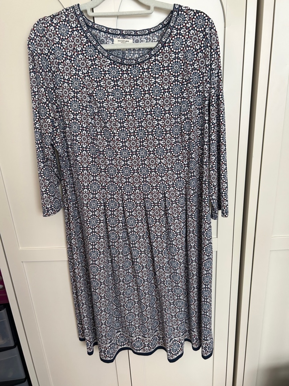 Max Studio Navy and White Printed Long Sleeve Swing Dress